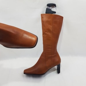 Leather square toe 90s knee high boots women, Italian shoes women, y2k vintage brown mod boots, womens heeled boots size 11 US
