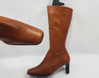 Botas de piel hasta la rodilla con tacón cuadrado para mujer: marrón vintage Y2K, talla 11 (EE. UU.)