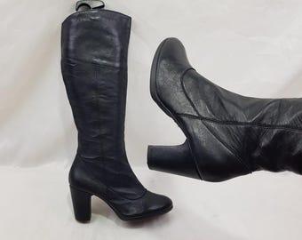 Black leather knee high heeled boots women: Y2k vintage, round toe, size 7 US