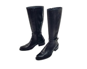 Pointed toe leather knee high buckle boots women: Y2k rare vintage black, 8 US