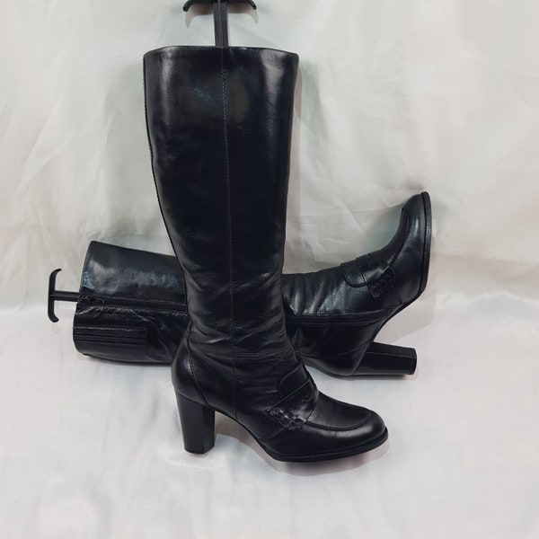 Schwarze Lederstiefel Damen, Runde Zehen Gogo Stiefel, handgefertigte kniehohe Stiefel, Schuhe Damen, High Heel lange Stiefel, Vintage hohe Stiefel mit Absatz