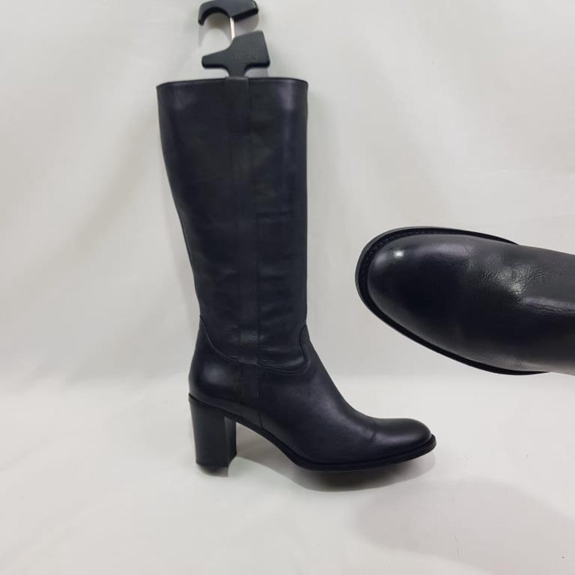 Vintage black leather block heel boots 90s Roberto Santi, size US 10, foto 2 di 5