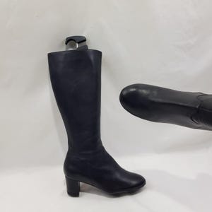 Womens leather boots, y2k knee high boots 2in heel, shoes women, 90s vintage black round toe heeled boots, larp womens boots size 9 US