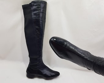 Leather chelsea over-the-knee boots women: Y2K vintage black, flats, US size 8