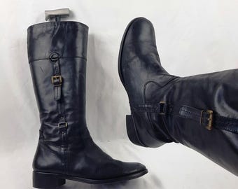 Black leather knee high buckle boots women: Y2k vintage, size 10 US