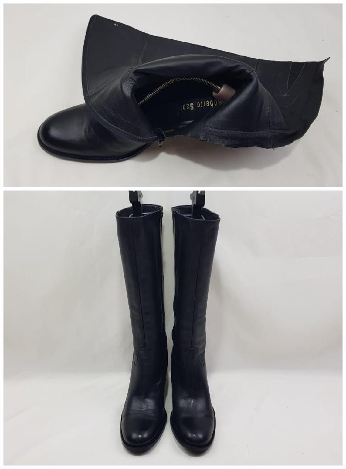 Vintage black leather block heel boots 90s Roberto Santi, size US 10, foto 3 di 5