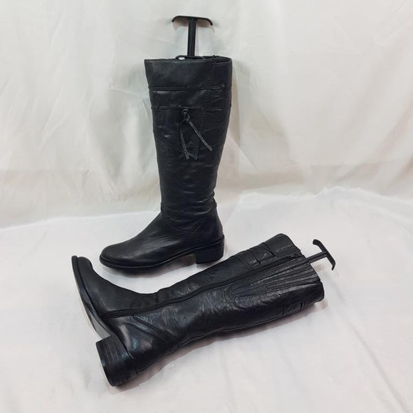 Black leather boots women, 90s vintage knee high boots women, low heel boots, round toe long black boots, shoes women, tall gothic boots