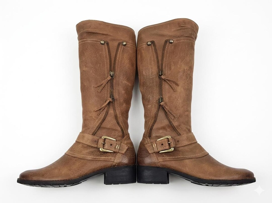 Brown Leather Knee High Boots Women: 90s Vintage Boho, Buckle, Medieval ...