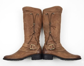 Botas altas de piel marrón para mujer: estilo boho vintage de los 90, con hebilla, estilo medieval, talla 8 US.