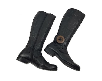 Distressed leather knee high boots women: 90s vintage black boho slouch, size 9 US