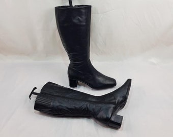 Knee high boots, chunky heel leather boots women, heeled long black boots, gogo retro vintage womens boots, square toe 90s gothic tall boots