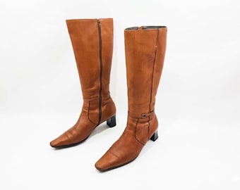 Botas altas de piel con punta cuadrada para mujer: marrón estilo vintage Y2K, talla 10 US.