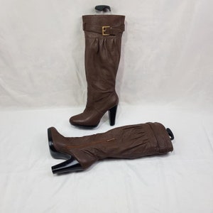 Jaren 90 leren platformlaarzen dames, boho laarzen hoge hakken, y2k kniehoge laarzen, schoenen dames, vintage laarzen maat 9 VS