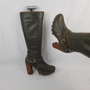 Goth platform leather boots women high heels, green hippie chunky boots, 90s shoes women, y2k gorpcore punk high heel witchy boots size 9 US