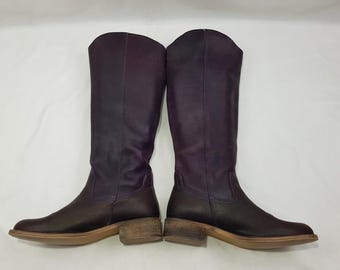 Botas altas de cuero vintage para mujer: punta redonda burdeos de los años 90, talla 10 de EE. UU.