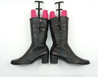Bottes mi-mollet à talons en cuir marron femme : bout pointu vintage de l'an 2000, pointure 8 US