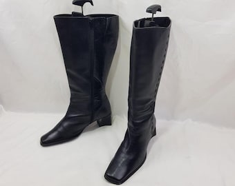 Leather square toe extra wide calf boots, 90s vintage black knee high, 10 US
