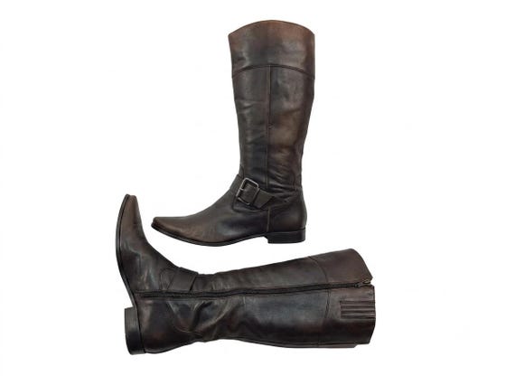 Leather tall riding slouch buckle boots women: Y2k knee high, pointed toe, US 11
