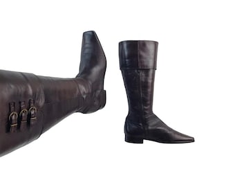Leather square toe knee high buckle boots women: Y2k vintage, slouch, size 7 US