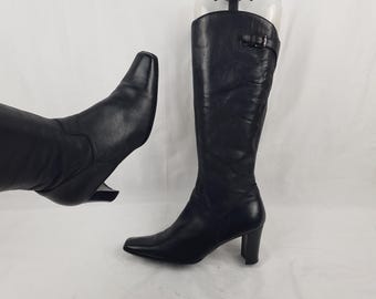 Leder kniehohe Karree Stiefel Frauen, Y2k Vintage schwarz, Absatz, Größe 9 US