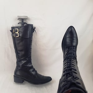 Victoriaanse leren kniehoge gevechtslaarzen met veters, stiefeldamen, schoenen dames, y2k laarzen met puntige neus, vintage dameslaarzen maat 9 VS