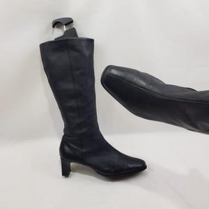 Womens leather knee high square toe boots, y2k vintage black boots 2in heel, shoes women, 90s heeled boots women size 10 US