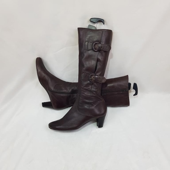 靴 y2k ring heal Buckle Boot crocoleather Burgundy Croc Point Toe Low Heel Knee High Boots | Footwear