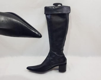 Pointed toe leather knee high boots women: Y2k vintage slouchy, block heel 8 US