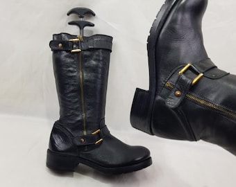 Black leather buckle punk goth boots women: Y2K vintage mid calf, US size 8