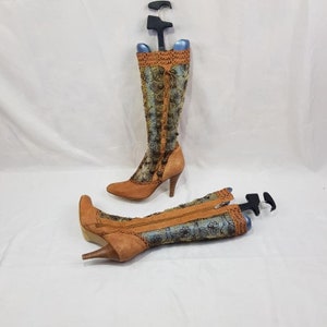 Witchy leather knee high boots women, summer flower boots stiletto heels, ladies shoes, 90s mod vintage boots, embroidery stack heel boots