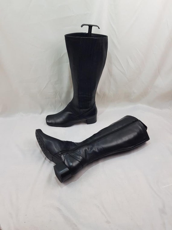 Square toe 90s boots, vintage knee high boots, bl… - image 1