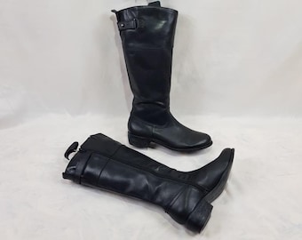 Knee high boots, black leather boots women, tall medieval vintage boots, shoes women, 90s witchy low heel boots, long womens boots size 9 US