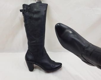 Black leather knee high heeled boots women: Y2k vintage pointed toe, size 9 US