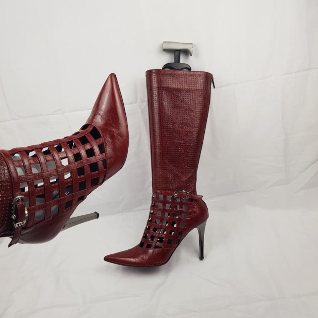 Burgundy spitze Kappe Lederstiefel Frauen, 90er Jahre kniehohe