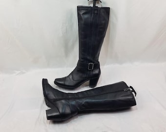 Botas vintage de piel negra con tacón cubano para mujer: hasta la rodilla, con hebilla, talla 10 (EE. UU.)
