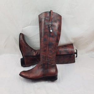 Burgundy leather riding boots women, Italian shoes women, y2k square toe red boots, 90s vintage womens knee high boots size 9 US