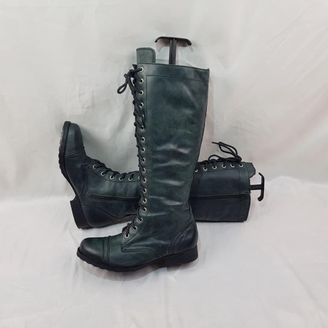 Knee High Boots, Lace up Dress Boots, Green Leather Boots Women, 90s