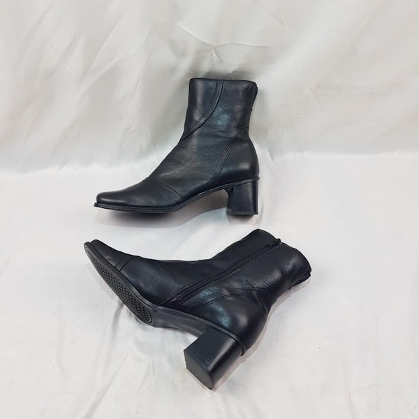 Black leather boots women, mid calf boots, 90s ankle boots, chunky heel vintage boots, womens shoes, square toe handmade boots, shoes women