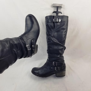 Middeleeuwse leren laarzen met brede kuitgesp, boho kniehoge laarzen, schoenen dames, hoge laarzen met ronde neus, dameslaarzen maat 8 US