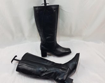 Black leather boots women, square toe knee high boots, y2k fashion gothic vintage heeled boots, shoes women, 90s retro chunky heel boots