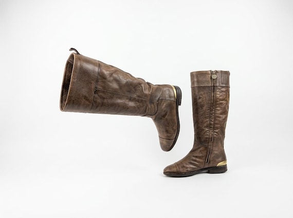 Leather knee high horse riding boots women: Y2k vintage brown tall, size 7 US