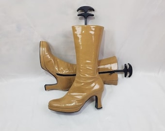 Knee high boots, patent leather platform boots women, y2k fashion handmade boots, larp round toe boots, shoes women 90s vintage witchy boots