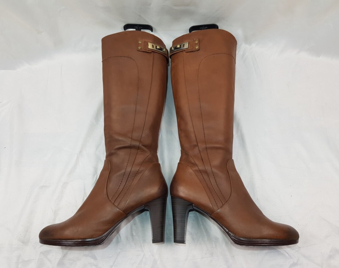 Platform leather heeled boots women: Y2k knee high vintage brown, size 7 US, foto 2 di 5
