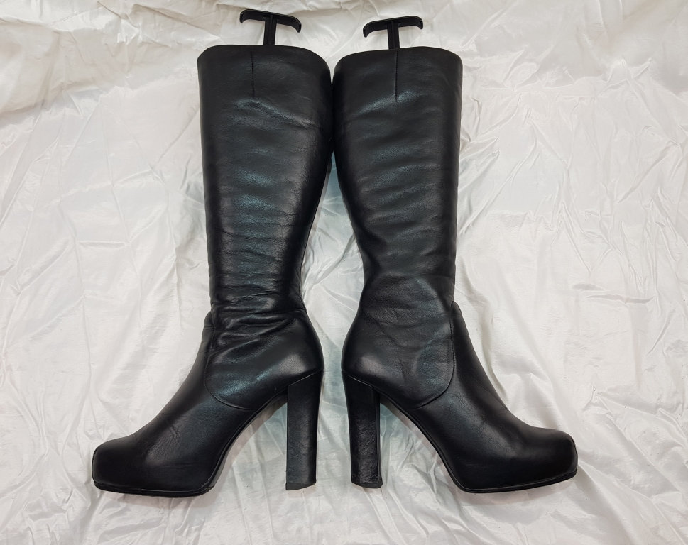 Cross strap block online heel knee high boots