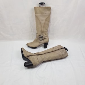 Y2k leather gogo knee high boots women, shoes women, 90s vintage heeled boots, round toe flower embroidery womens boots size 10 US