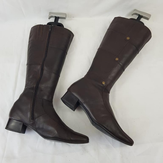 Leather Square Toe Knee High Boots: 90s Vintage Patchwork , Size 7
