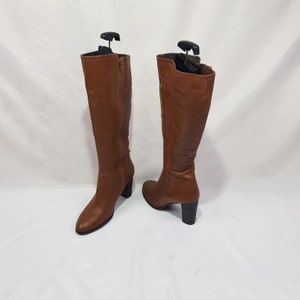 Leren kniehoge gogolaarzen dames, schoenen dames, jaren 90 vintage bruine laarzen met hak, damesschoenen, damesschoenen met ronde neus, maat 8 VS