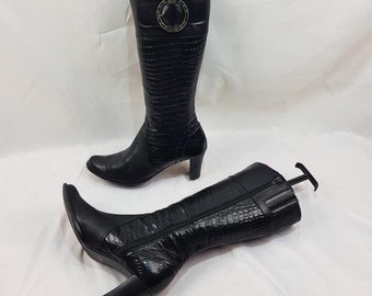 Black leather boots women, vintage knee high boots, custom shoes women, heeled harlow boots, leather shoes, handmade womens boots size 9 US