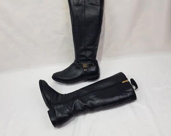 Black leather boots women, riding knee high boots, shoes women, low heel buckle boots, medieval round toe boots, y2k fashion vintage boots