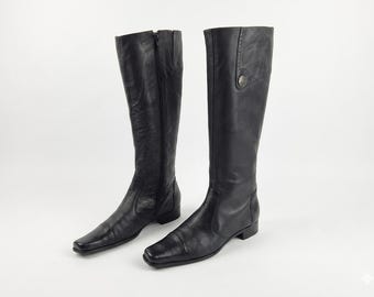 Leather square toe knee high boots women: Y2k vintage black, size 7 US